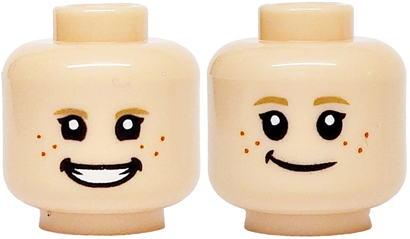 Minifigure, Head Dual Sided Dark Tan Eyebrows, Black Eyes, Dark Orange Freckles, Open Mouth Grin with White Teeth / Smile Pattern