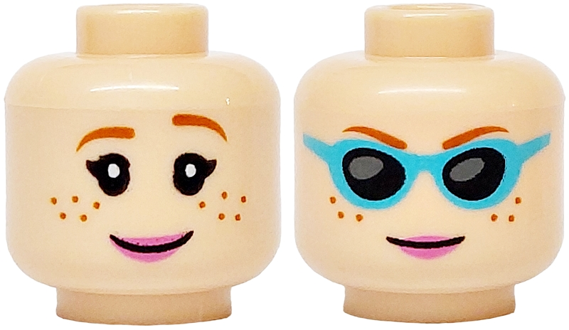 Minifigure, Head Dual Sided Female, Dark Orange Eyebrows and Freckles, Bright Pink Lips, Smile / Medium Azure Sunglasses with Black Lenses Pattern