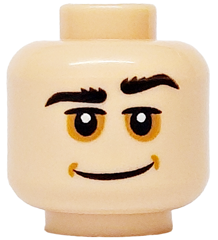 Minifigure, Head Black Bushy Eyebrows, Medium Nougat Dimples and Sunken Eyes, Wide Grin Pattern