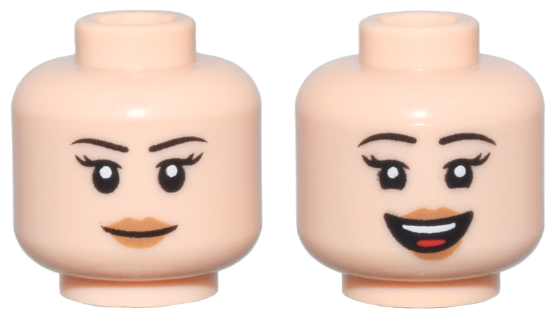 Minifigure, Head Dual Sided Female, Thin Black Eyebrows, Long Eyelashes, Medium Nougat Lips, Closed Mouth Smile / Open Mouth Smile Pattern