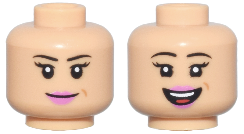 Minifigure, Head Dual Sided Female, Thin Black Eyebrows, Long Eyelashes, Dimple, Dark Pink Lips, Closed Mouth Smile / Open Mouth Smile Pattern