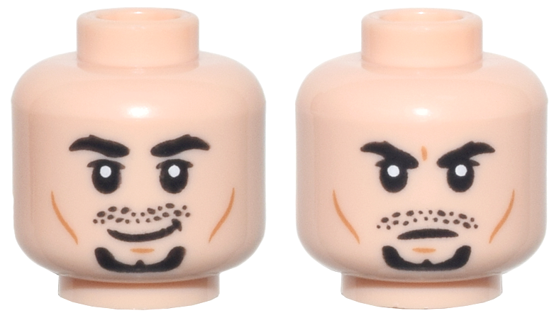 Minifigure, Head Dual Sided Black Thick Eyebrows, Upper Eyelids, Moustache Stubble, and Goatee, Medium Nougat Cheek Lines and Chin Dimple, Lopsided Grin / Scowl Pattern