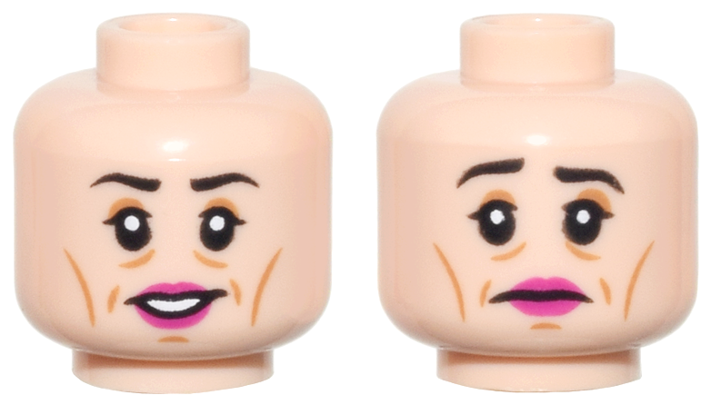Minifigure, Head Dual Sided Female Black Eyebrows, Upper Eyelids, Medium Nougat Eye Shadow, Cheek Lines, Wrinkles, and Chin Dimple, Magenta Lips, Open Mouth Smile with Teeth / Sad Frown Pattern