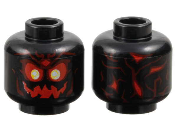 Minifigure, Head Alien Skull with Red Eyes and Jagged Mouth, White and Yellow Pupils, Dark Red Contours Pattern