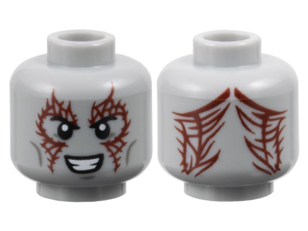 Minifigure, Head Alien Black Eyebrows, Dark Red Tattoos, Dark Bluish Gray Cheek Lines and Chin Dimple, Open Mouth Smile with Teeth Pattern