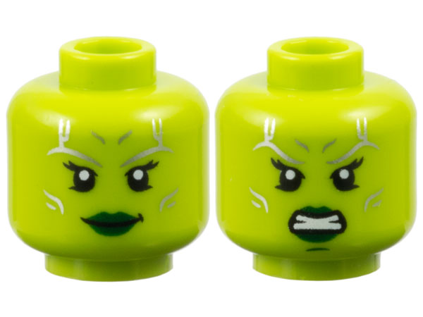 Minifigure, Head Dual Sided Alien Female with Silver Tattoos, Black Eyelashes, Dark Green Lips, Grin / Angry Bared Teeth and Chin Dimple Pattern