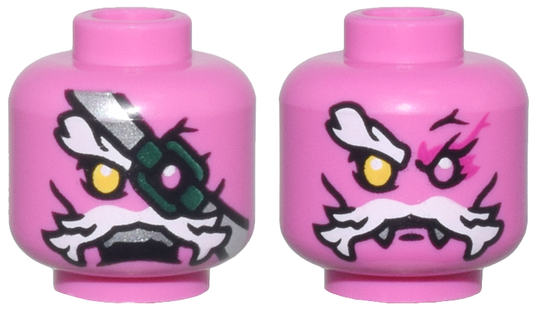 Minifigure, Head Dual Sided Alien with Bushy White Eyebrow and Moustache, Yellow Eye Right, Dark Green Eye Patch with Silver Strap and Angry Open Mouth with Top Teeth / Neutral with Fangs and Magenta Eye Shadow Pattern
