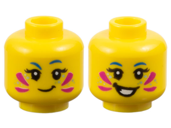 Minifigure, Head Dual Sided Female Blue Eyebrows, Black Eyelashes, Magenta Face Paint, Metallic Light Blue Dots, Lopsided Grin / Open Mouth Smile with Teeth Pattern