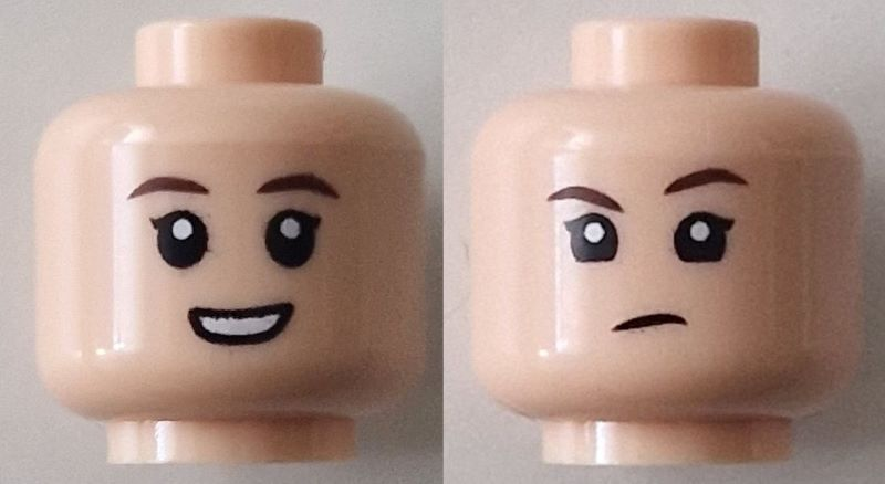 Minifigure, Head Dual Sided Child Female Dark Brown Eyebrows, Open Mouth Smile with Teeth / Determined Frown Pattern