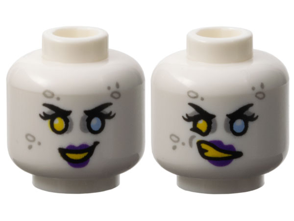Minifigure, Head Dual Sided Female Black Eyebrows, Eyelashes, Yellow Right Eye, Bright Light Blue Left Eye, Light Bluish Gray Eye Shadow and Spots, Dark Purple Lips, Open Mouth Smile with Teeth / Lopsided Scowl Pattern
