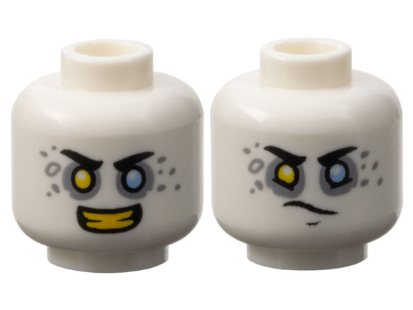 Minifigure, Head Dual Sided Black Eyebrows, Yellow Right Eye, Bright Light Blue Left Eye, Light Bluish Gray Eye Shadow and Spots, Open Mouth Smile with Teeth / Determined Pattern