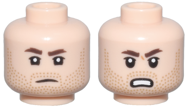Minifigure, Head Dual Sided Dark Brown Eyebrows, Upper Eyelids, Medium Nougat Stubble, Frown / Angry Open Mouth Scowl with Teeth Pattern