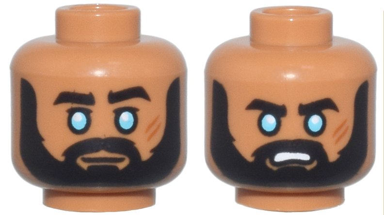 Minifigure, Head Dual Sided Thick Black Eyebrows, Moustache, and Full Beard, Medium Azure Eyes, Dark Orange Scars, Neutral / Angry Open Mouth with Teeth Pattern