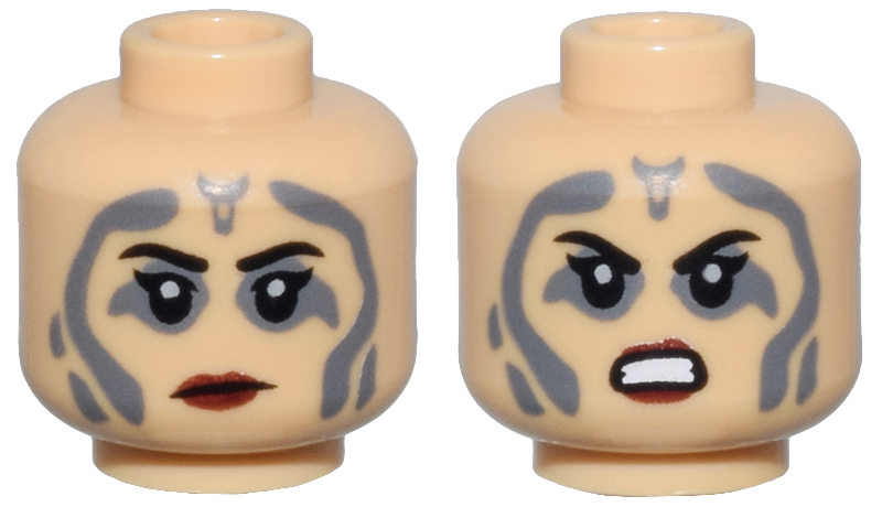 Minifigure, Head Dual Sided Female Black Eyebrows, Single Eyelashes, Dark Bluish Gray Tattoos, Dark Red Lips, Frown / Angry Bared Teeth Pattern