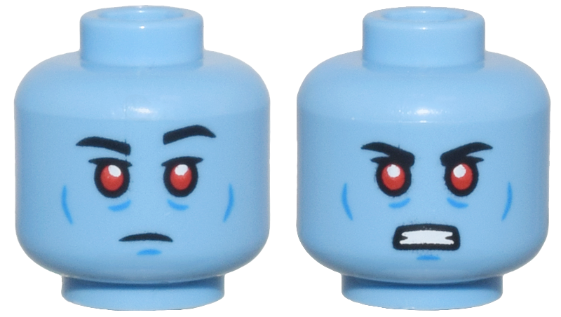 Minifigure, Head Dual Sided Thin Black Eyebrows, Upper Eyelids, Red Eyes, Blue Cheek Lines and Chin Dimple, Neutral / Angry Bared Teeth Pattern
