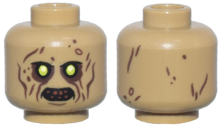 Minifigure, Head Alien Zombie Upper Eyelids, Lime Eyes, Dark Brown Eye Shadow, Cheek Lines, Wrinkles, and Spots, Reddish Brown Bared Teeth Pattern