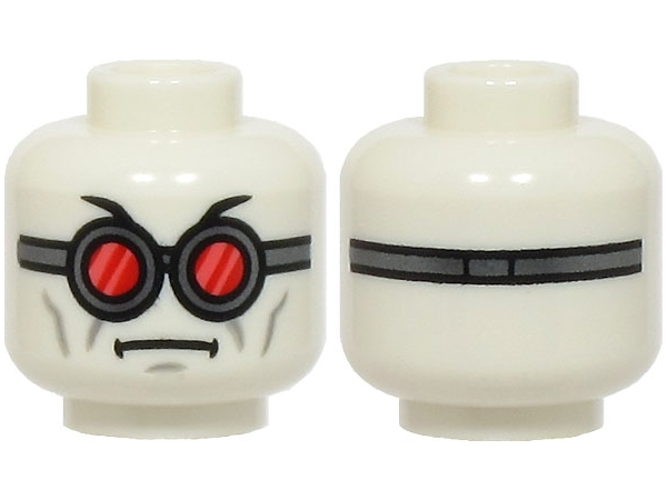 Minifigure, Head Black Eyebrows, Dark Silver Goggles with Red and Coral Lenses, Cheek Lines, Chin Dimple, Angry Frown, Strap on Back Pattern
