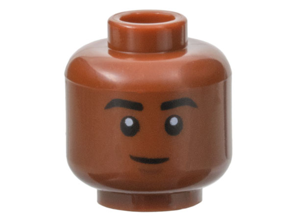 Minifigure, Head Black Eyebrows, Dark Brown Chin Dimple, Lopsided Grin Pattern