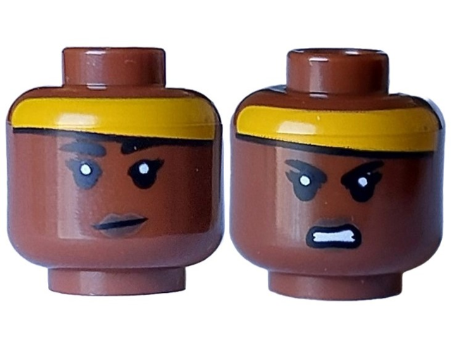 Minifigure, Head Dual Sided Female Black Eyebrows, Eyelashes, Dark Brown Lips, Bright Light Orange Headband, Grin / Angry Bared Teeth Pattern