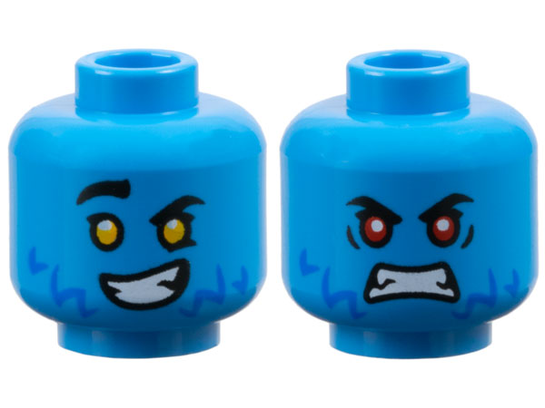 Minifigure, Head Dual Sided Black Eyebrows, Blue Fur, White Teeth, Smile with Bright Light Orange Eyes / Scowl with Red Eyes Pattern