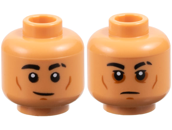 Minifigure, Head Dual Sided Black Eyebrows, Broken on Left, Dark Orange Cheek Lines, Chin Dimple, Lopsided Grin / Neutral, Eye Shadow Pattern