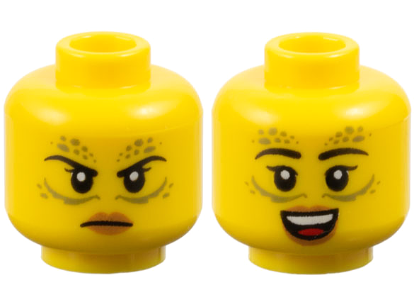 Minifigure, Head Dual Sided Female Black Eyebrows, Olive Green Spots and Lines, Medium Nougat Lips, Angry Frown / Open Mouth Smile Pattern