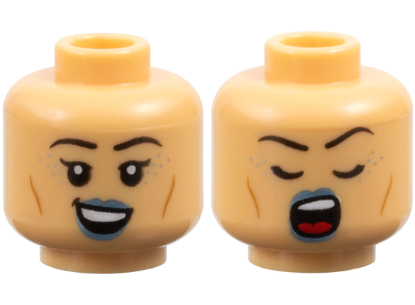 Minifigure, Head Dual Sided Female Black Eyebrows, Metallic Light Blue Lips and Spots, Cheek Lines, Open Mouth Smile / Singing with Closed Eyes Pattern