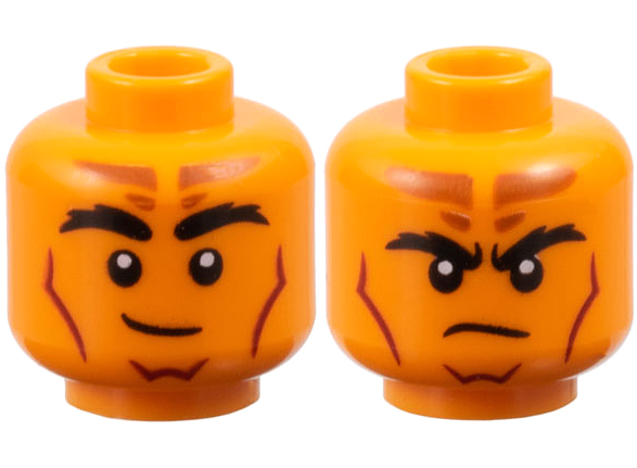 Minifigure, Head Dual Sided Black Bushy Eyebrows, Dark Orange Forehead Markings, Dark Red Contour Lines, Lopsided Grin / Frown Pattern