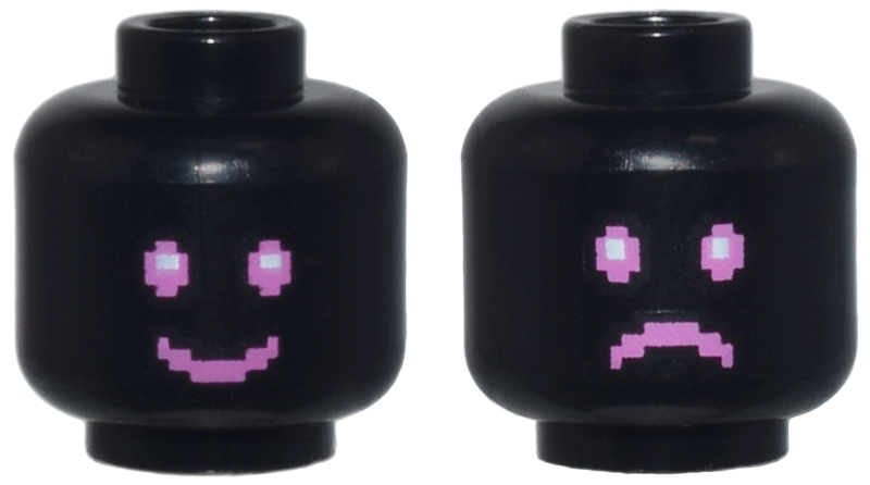 Minifigure, Head Dual Sided Dark Pink and White Pixelated Eyes and Mouth, Happy Smile / Sad Frown Pattern