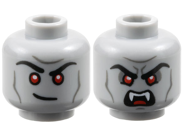 Minifigure, Head Dual Sided Black Eyebrows, Red Eyes, Dark Bluish Gray Contours, Lopsided Grin / Scowl with Open Mouth and Fangs Pattern