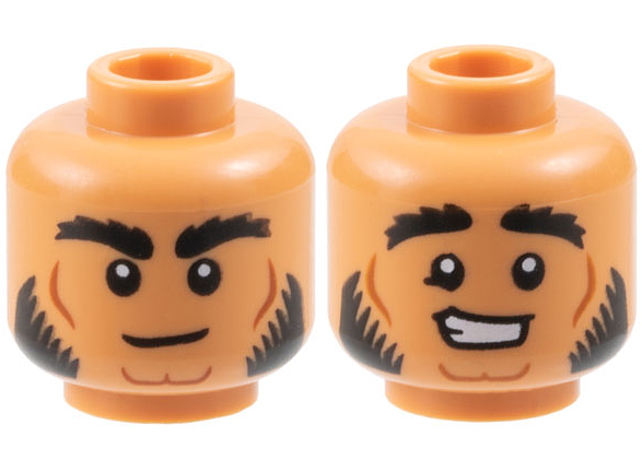 Minifigure, Head Dual Sided Black Bushy Eyebrows and Sideburns, Medium Nougat Contour Lines, Neutral / Worried Open Mouth Smile Pattern