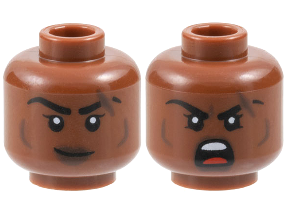 Minifigure, Head Dual Sided Female Black Eyebrows, Dark Brown Lips, Cheek Lines and Scar, Lopsided Grin / Open Mouth Scowl Pattern