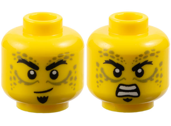 Minifigure, Head Dual Sided Black Eyebrows, Soul Patch, Olive Green Spots and Lines, Lopsided Grin / Open Mouth Scowl with Teeth Pattern