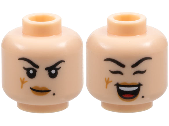 Minifigure, Head Dual Sided Female Black Eyebrows, Beauty Mark, Medium Nougat Lips, Scar, Lopsided Grin / Open Mouth Smile and Closed Eyes Pattern