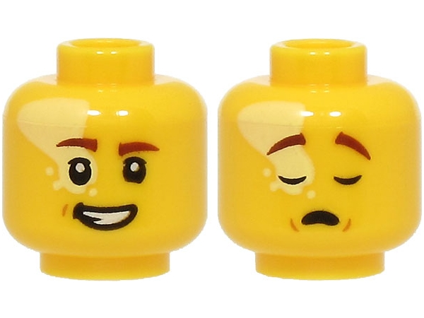 Minifigure, Head Dual Sided Reddish Brown Eyebrows, Bright Light Yellow Splotch, Open Mouth Smile with Teeth / Sleeping Pattern (BAM)