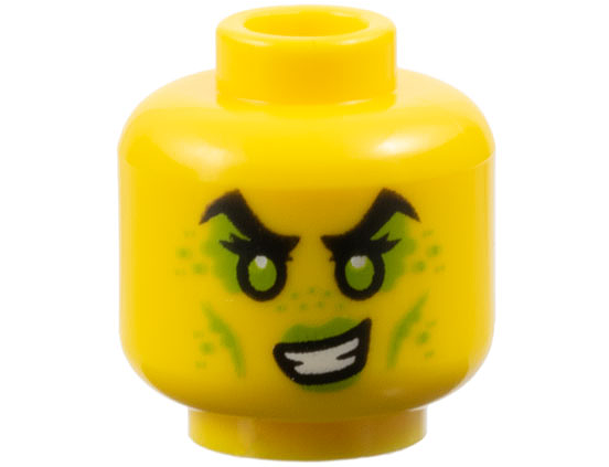 Minifigure, Head Female Black Eyebrows, Lime Eyes, Eye Shadow, Spots, Cheek Lines and Lips, Crooked Open Mouth Smile Pattern