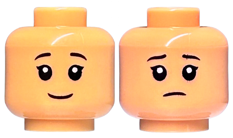 Minifigure, Head Dual Sided Child Female Black Eyebrows, Single Eyelashes, Grin / Sad Frown Pattern