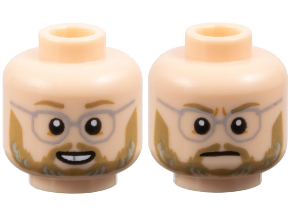 Minifigure, Head Dual Sided Dark Tan Eyebrows, Moustache and Beard, Light Bluish Gray Glasses, Open Mouth Smile / Neutral Pattern