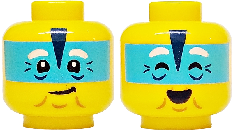 Minifigure, Head Dual Sided White Eyebrows, Medium Azure Band, Black Triangle, Crow's Feet, Chin Dimple, Wrinkles, Lopsided Grin / Closed Eyes, Open Mouth Smile Pattern