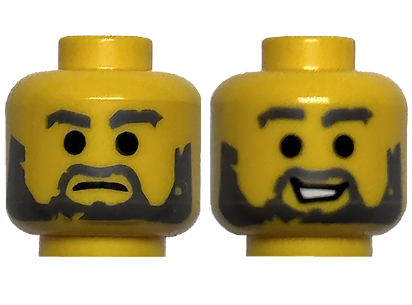 Minifigure, Head Dual Sided Dark Bluish Gray Eyebrows, Moustache and Beard, Simulated Wear, Frown / Open Mouth Smile with Teeth Pattern