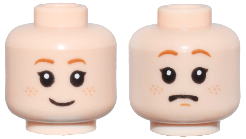 Minifigure, Head Dual Sided Child Female Dark Orange Eyebrows and Freckles Smile / Frown Pattern