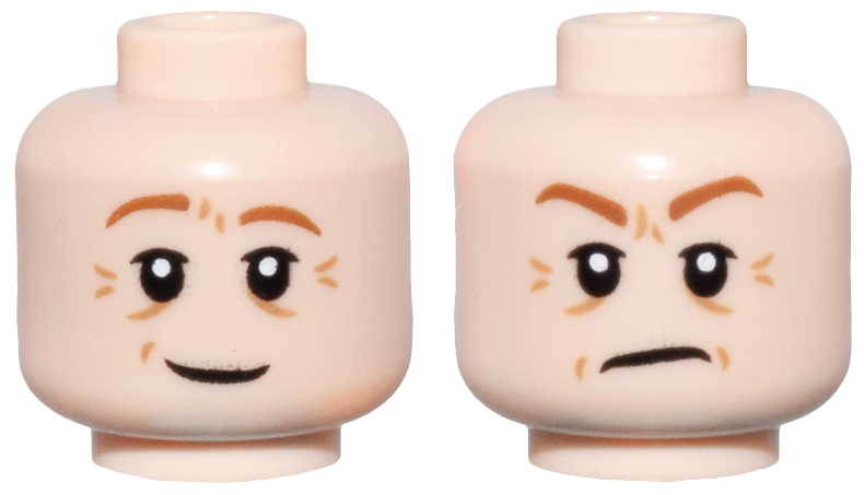 Minifigure, Head Dual Sided Dark Orange Eyebrows, Medium Nougat Wrinkles, Smile / Frown Pattern