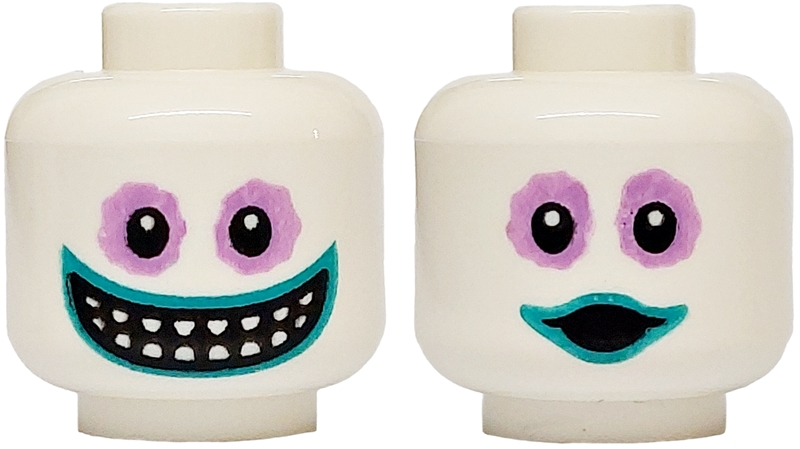 Minifigure, Head Dual Sided Alien Medium Lavender Sunken Eyes, Dark Turquoise Lips, Wide Grin with Pointed Teeth / Surprised Open Mouth Pattern