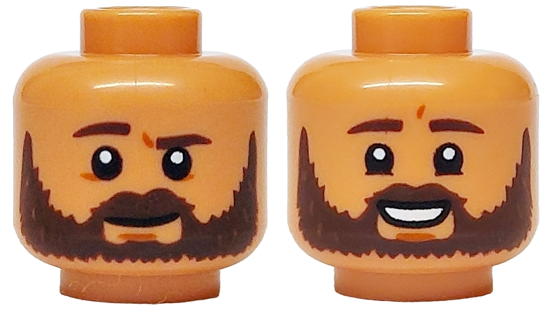 Minifigure, Head Dual Sided Dark Brown Eyebrows and Beard, Neutral / Open Mouth Smile with Teeth Pattern