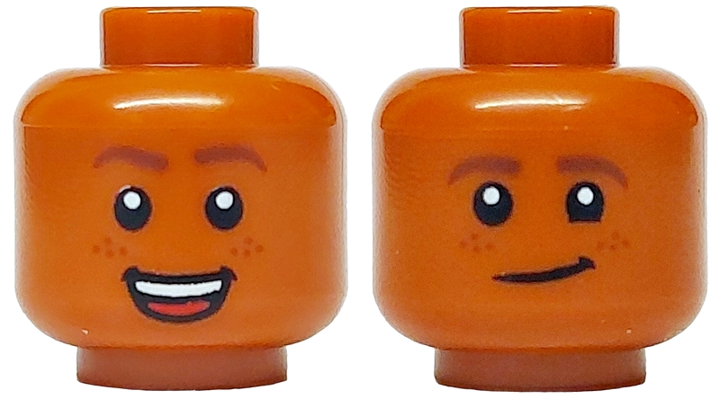 Minifigure, Head Dual Sided Reddish Brown Eyebrows and Freckles, Open Mouth Smile with Teeth and Red Tongue / Smirk Pattern