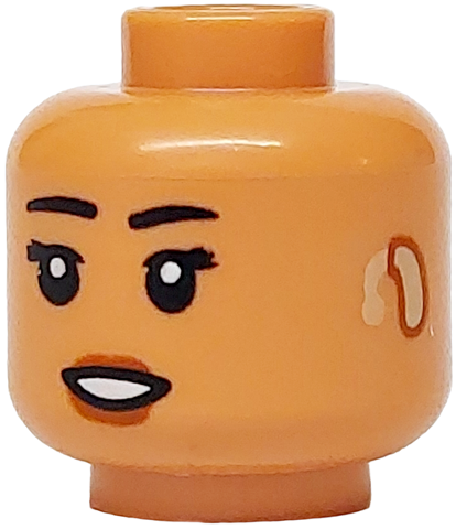 Minifigure, Head Female Black Eyebrows, Eyelashes, Dark Orange Lips, Tan Hearing Aid on Left, Open Mouth Smile with Teeth Pattern