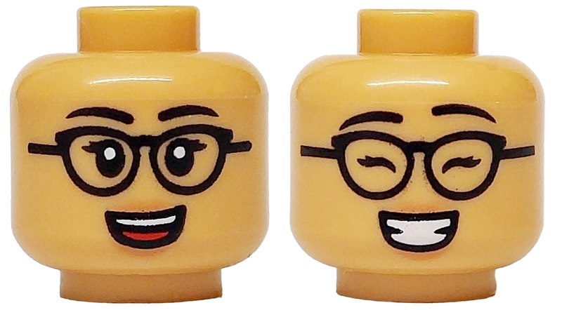 Minifigure, Head Dual Sided Female Black Eyebrows, Eyelashes and Glasses, Open Mouth Grin with Teeth and Red Tongue / Eyes Closed Pattern