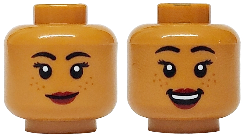 Minifigure, Head Dual Sided Female Black Eyebrows and Eyelashes, Medium Nougat Freckles, Dark Red Lips, Neutral / Open Mouth Grin with Teeth Pattern