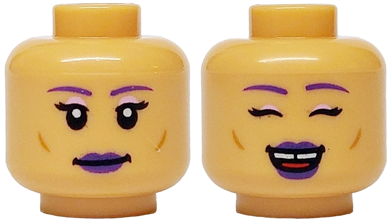 Minifigure, Head Dual Sided Female Dark Purple Eyebrows and Lips, Black Eyelashes, Bright Pink Eye Shadow, Closed Mouth Smile / Eyes Closed with Red Tongue and Gap in Teeth Pattern