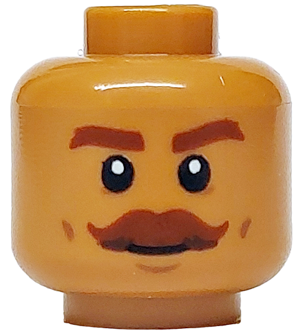 Minifigure, Head Reddish Brown Thick Eyebrows and Moustache, Dark Tan Cheek Lines and Chin Dimple, Neutral Pattern